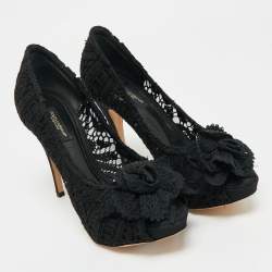 Pre Owned Dolce & Gabbana Black Lace and Mesh Peep Toe Pumps Size 37