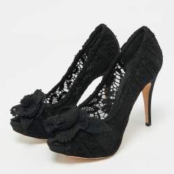 Pre Owned Dolce & Gabbana Black Lace and Mesh Peep Toe Pumps Size 37