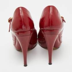 Pre Owned Dolce & Gabbana Red Patent Leather Platform Peep Toe Mary Jane Pumps Size 37