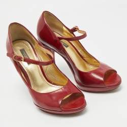 Pre Owned Dolce & Gabbana Red Patent Leather Platform Peep Toe Mary Jane Pumps Size 37