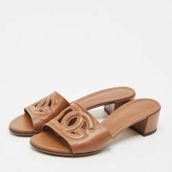 Pre Owned Dolce & Gabbana Brown Leather DG Bianca Slide Sandals Size 36