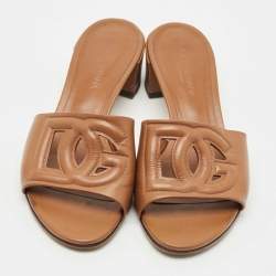 Pre Owned Dolce & Gabbana Brown Leather DG Bianca Slide Sandals Size 36