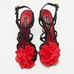 Pre Owned Dolce & Gabbana Black/Red Satin Ankle Strap Sandals Size 36