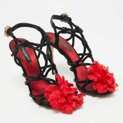 Pre Owned Dolce & Gabbana Black/Red Satin Ankle Strap Sandals Size 36