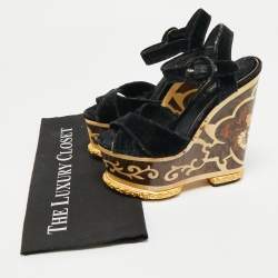 Pre Owned Dolce & Gabbana Navy Blue Velvet Ankle Strap Wedge Sandals Size 36