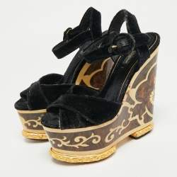 Pre Owned Dolce & Gabbana Navy Blue Velvet Ankle Strap Wedge Sandals Size 36