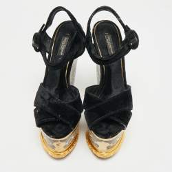 Pre Owned Dolce & Gabbana Navy Blue Velvet Ankle Strap Wedge Sandals Size 36