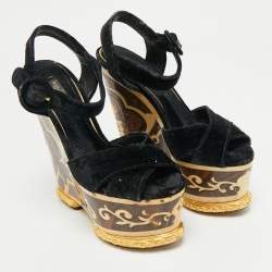 Pre Owned Dolce & Gabbana Navy Blue Velvet Ankle Strap Wedge Sandals Size 36