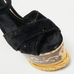 Pre Owned Dolce & Gabbana Navy Blue Velvet Ankle Strap Wedge Sandals Size 36