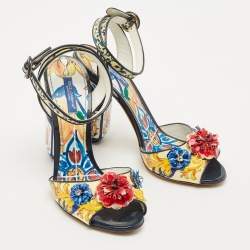 Pre Owned Dolce & Gabbana Multicolor Printed Patent Leather Embellished Ankle Wrap Sandals Size 38