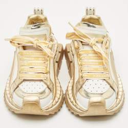 Pre Owned Dolce & Gabbana White/Gold Leather Super King Lace Up Sneakers Size 35.5