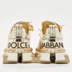 Pre Owned Dolce & Gabbana White/Gold Leather Super King Lace Up Sneakers Size 35.5