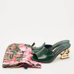 Pre Owned Dolce & Gabbana Green Lizard Embossed Leather Keira Slide Sandals Size 36