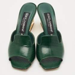 Pre Owned Dolce & Gabbana Green Lizard Embossed Leather Keira Slide Sandals Size 36