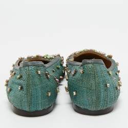 Pre Owned Dolce & Gabbana Green Raffia Crystal Embellished Smoking Slippers Size 40