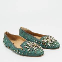 Pre Owned Dolce & Gabbana Green Raffia Crystal Embellished Smoking Slippers Size 40