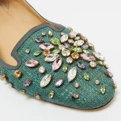 Pre Owned Dolce & Gabbana Green Raffia Crystal Embellished Smoking Slippers Size 40