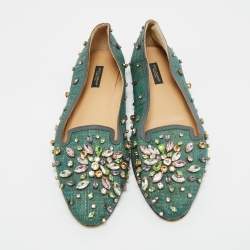 Pre Owned Dolce & Gabbana Green Raffia Crystal Embellished Smoking Slippers Size 40