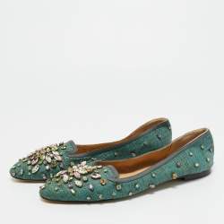 Pre Owned Dolce & Gabbana Green Raffia Crystal Embellished Smoking Slippers Size 40