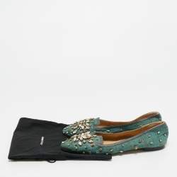 Pre Owned Dolce & Gabbana Green Raffia Crystal Embellished Smoking Slippers Size 40