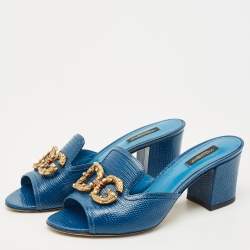 Pre Owned Dolce & Gabbana Blue Lizard Embossed Leather DG Amore Slide Sandals Size 39.5