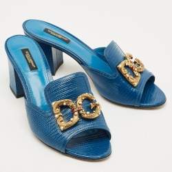 Pre Owned Dolce & Gabbana Blue Lizard Embossed Leather DG Amore Slide Sandals Size 39.5