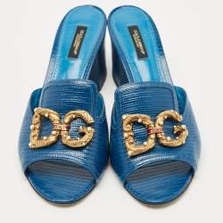 Pre Owned Dolce & Gabbana Blue Lizard Embossed Leather DG Amore Slide Sandals Size 39.5