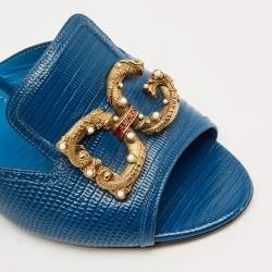 Pre Owned Dolce & Gabbana Blue Lizard Embossed Leather DG Amore Slide Sandals Size 39.5