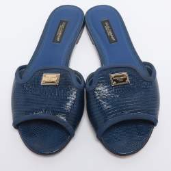 Pre Owned Dolce & Gabbana Blue Lizard Embossed Leather Sofia Slides Size 35