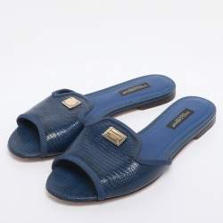 Pre Owned Dolce & Gabbana Blue Lizard Embossed Leather Sofia Slides Size 35