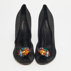 Pre Owned Dolce & Gabbana Black Satin Crytal Embellished Open Toe Pumps Size 40