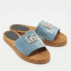 Pre Owned Dolce & Gabbana Blue Denim DG Flat Slides Size 40