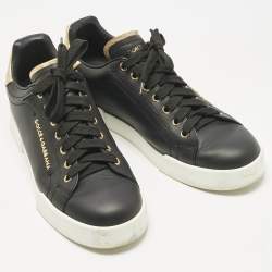 Pre Owned Dolce & Gabbana Black/Gold Leather Portofino Pearl Embellished Low Top Sneakers Size 40
