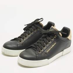 Pre Owned Dolce & Gabbana Black/Gold Leather Portofino Pearl Embellished Low Top Sneakers Size 40