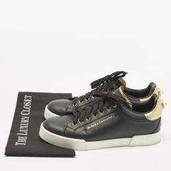 Pre Owned Dolce & Gabbana Black/Gold Leather Portofino Pearl Embellished Low Top Sneakers Size 40