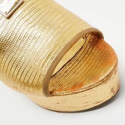 Pre Owned Dolce & Gabbana Gold Lizard Embossed Leather Wedge Sandals Size 37