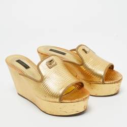 Pre Owned Dolce & Gabbana Gold Lizard Embossed Leather Wedge Sandals Size 37