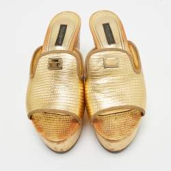Pre Owned Dolce & Gabbana Gold Lizard Embossed Leather Wedge Sandals Size 37