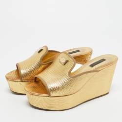 Pre Owned Dolce & Gabbana Gold Lizard Embossed Leather Wedge Sandals Size 37