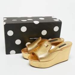 Pre Owned Dolce & Gabbana Gold Lizard Embossed Leather Wedge Sandals Size 37