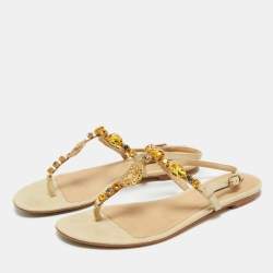 Pre Owned Dolce & Gabbana Beige Lizard Embossed Leather Crystal Embellished Thong Flat Sandals Size 39.5