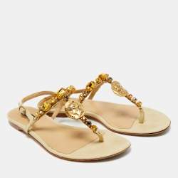 Pre Owned Dolce & Gabbana Beige Lizard Embossed Leather Crystal Embellished Thong Flat Sandals Size 39.5