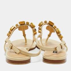 Pre Owned Dolce & Gabbana Beige Lizard Embossed Leather Crystal Embellished Thong Flat Sandals Size 39.5