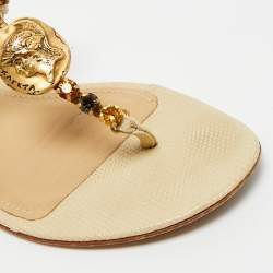 Pre Owned Dolce & Gabbana Beige Lizard Embossed Leather Crystal Embellished Thong Flat Sandals Size 39.5