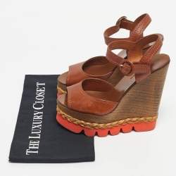 Pre Owned Dolce & Gabbana Brown Leather Ankle Strap Wedge Sandals Size 38.5