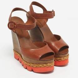 Pre Owned Dolce & Gabbana Brown Leather Ankle Strap Wedge Sandals Size 38.5