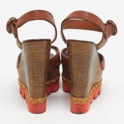 Pre Owned Dolce & Gabbana Brown Leather Ankle Strap Wedge Sandals Size 38.5