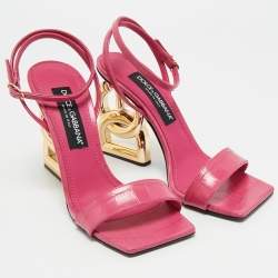 Pre Owned Dolce & Gabbana Pink Croc Embossed Leather Ankle Strap Sandals Size 39