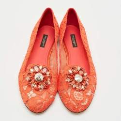Pre Owned Dolce & Gabbana Red Lace Crystal Embellished Taormina Ballet Flats Size 39