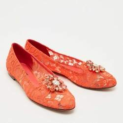 Pre Owned Dolce & Gabbana Red Lace Crystal Embellished Taormina Ballet Flats Size 39